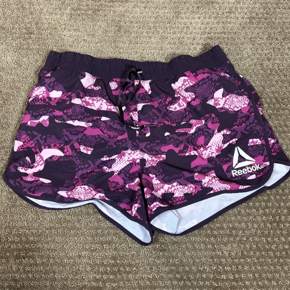 Reebok Womens Printed Essential Running Shorts W/Pockets Size Large Plum Perfect
